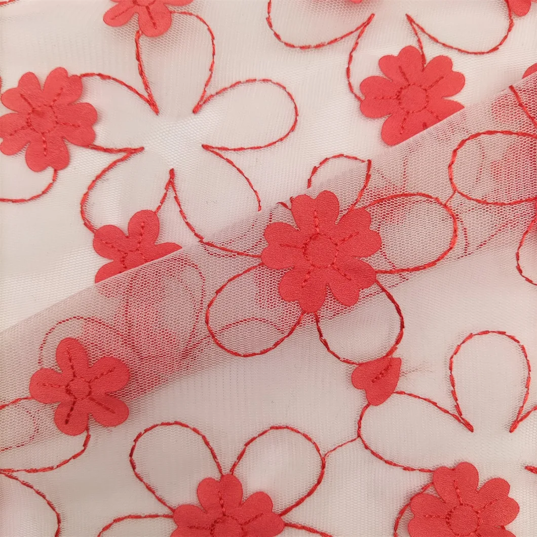 3D Red Plastic Flowers Mesh Embroider Fabric for Garment