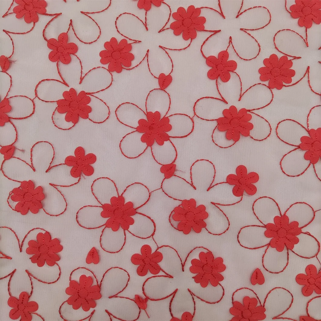 3D Red Plastic Flowers Mesh Embroider Fabric for Garment